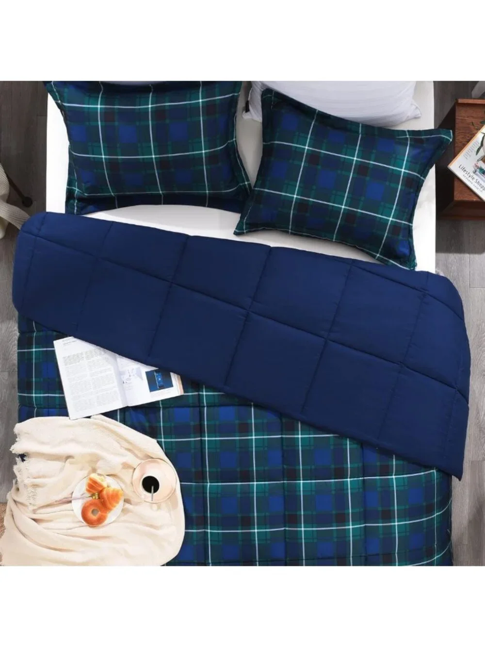 Cozy Twin Comforter Set - Navy Green Buffalo Plaid Down Alternative Bedding, All